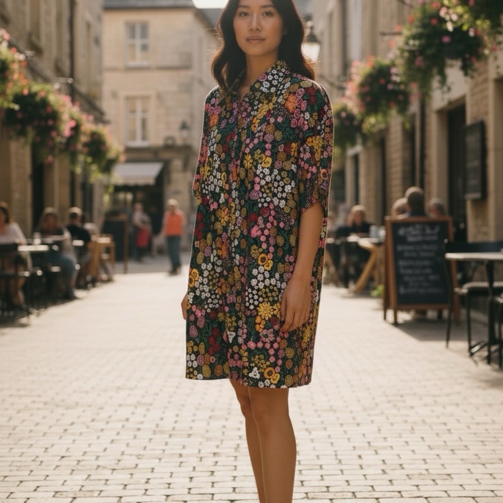 Floral Button-Front Midi Dress in Multi